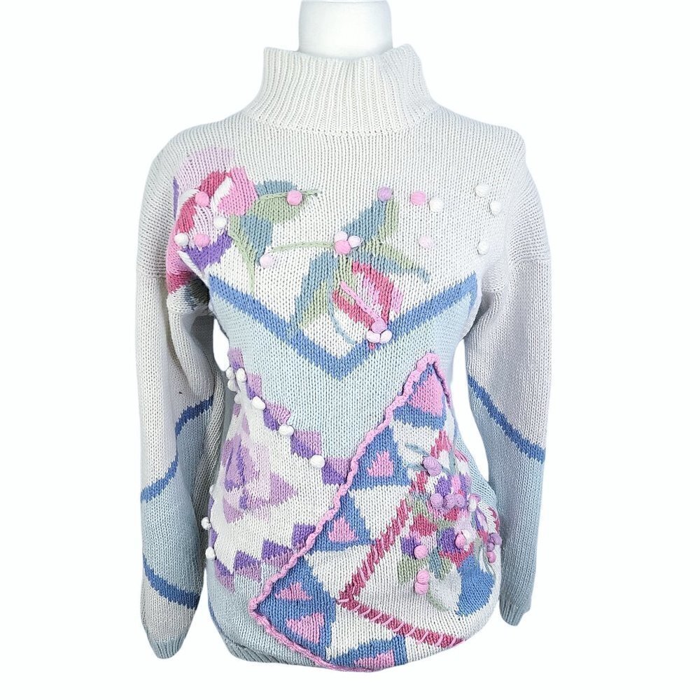 Vintage OVERSIZED Yarnworks Off White Floral Mock Neck Grandma Prairie Sweater